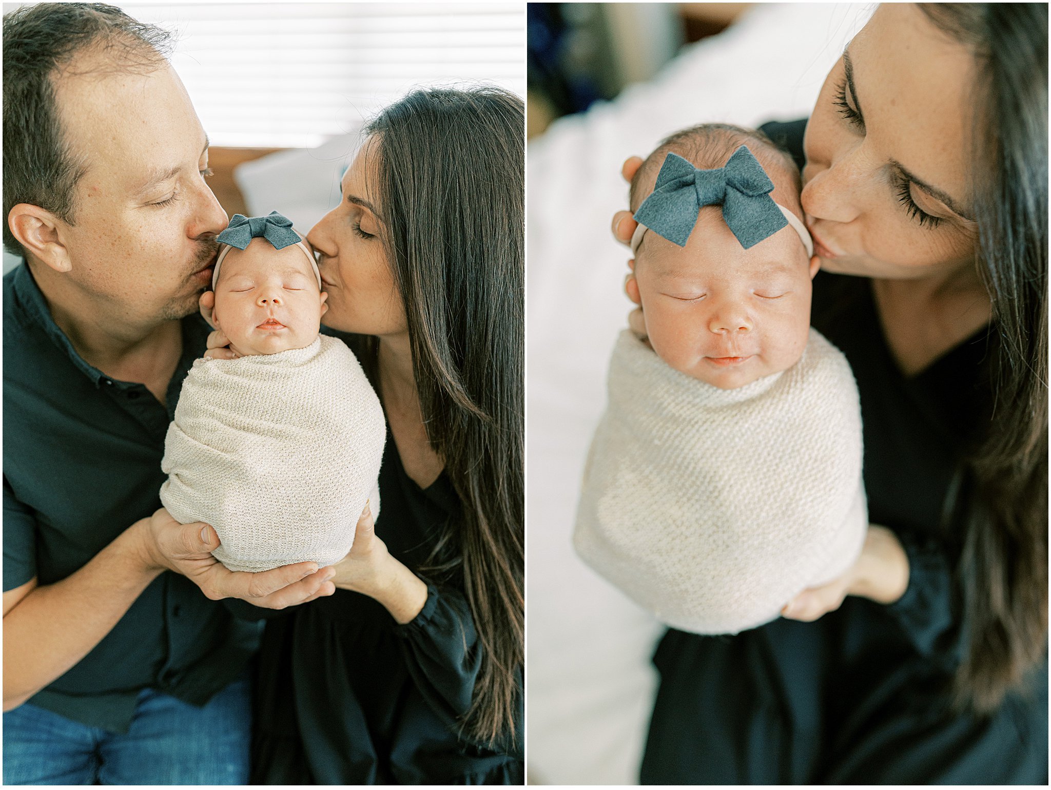 mom and dad kissing swaddled baby