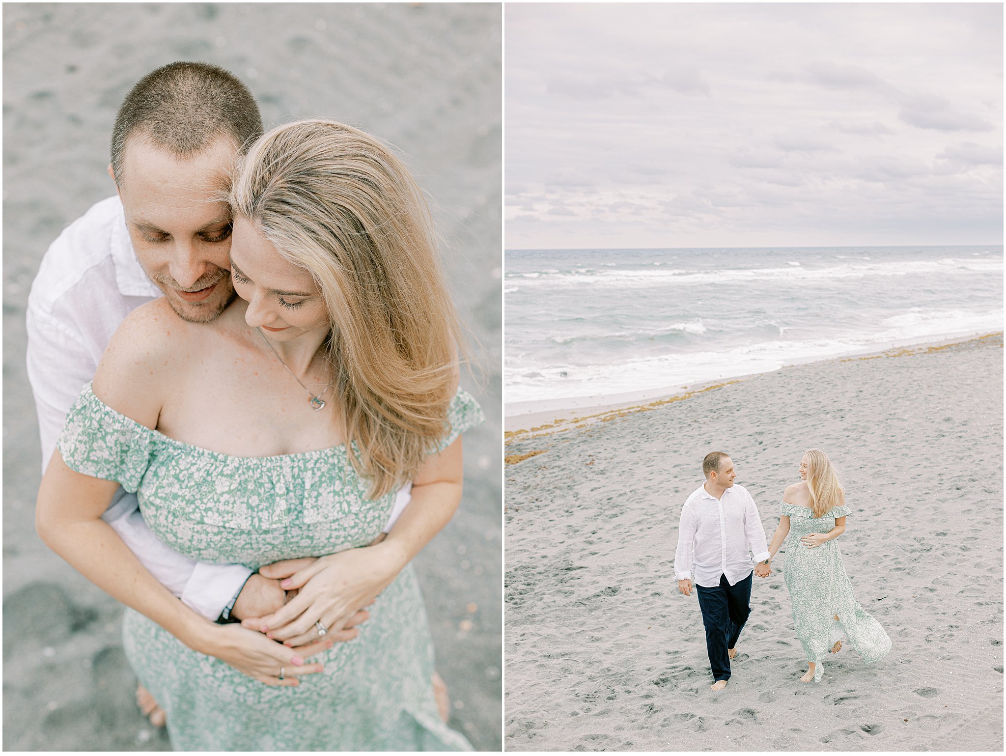 husband hugs pregnant wife on beach