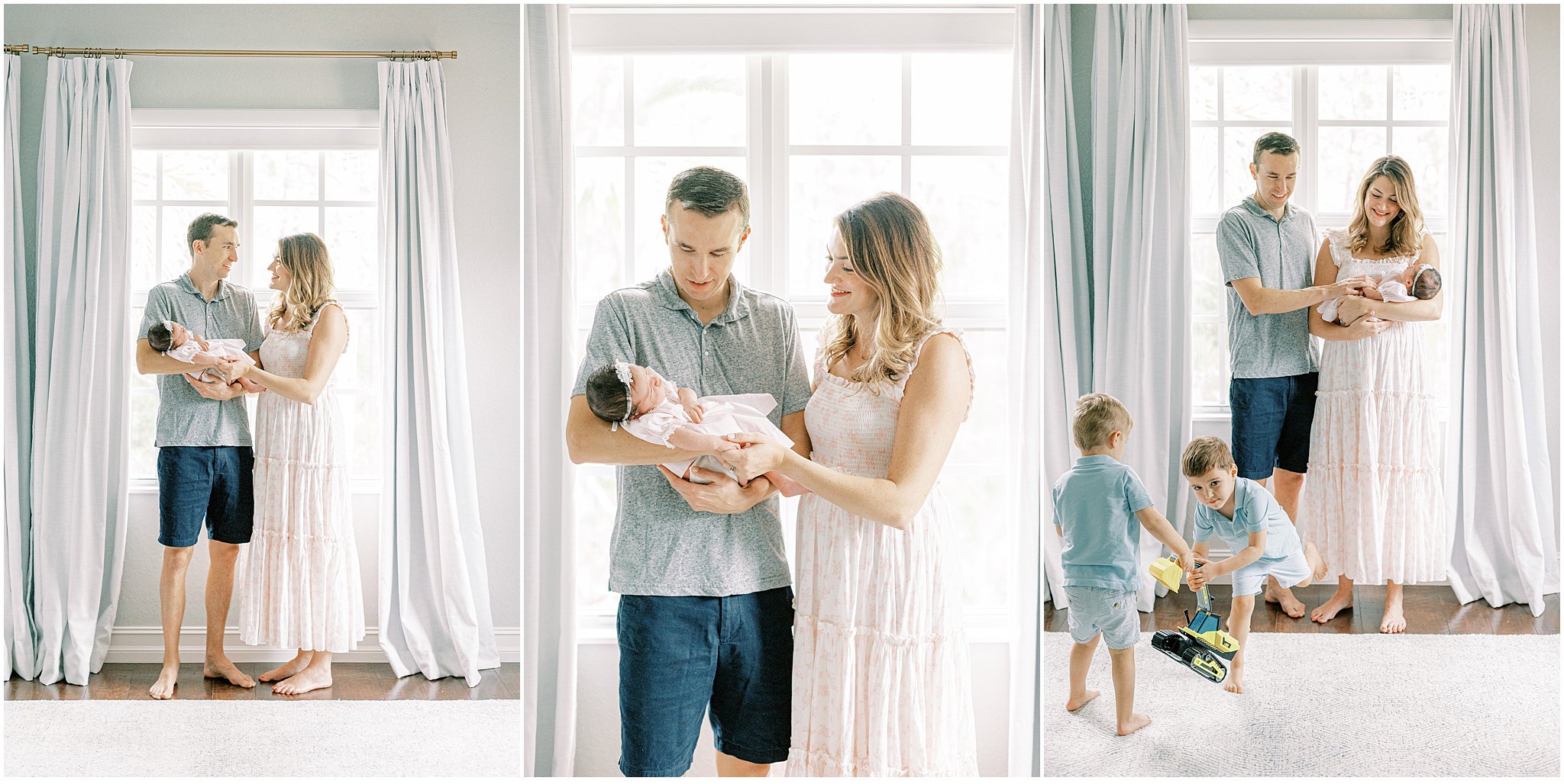 family taking photos with newborn