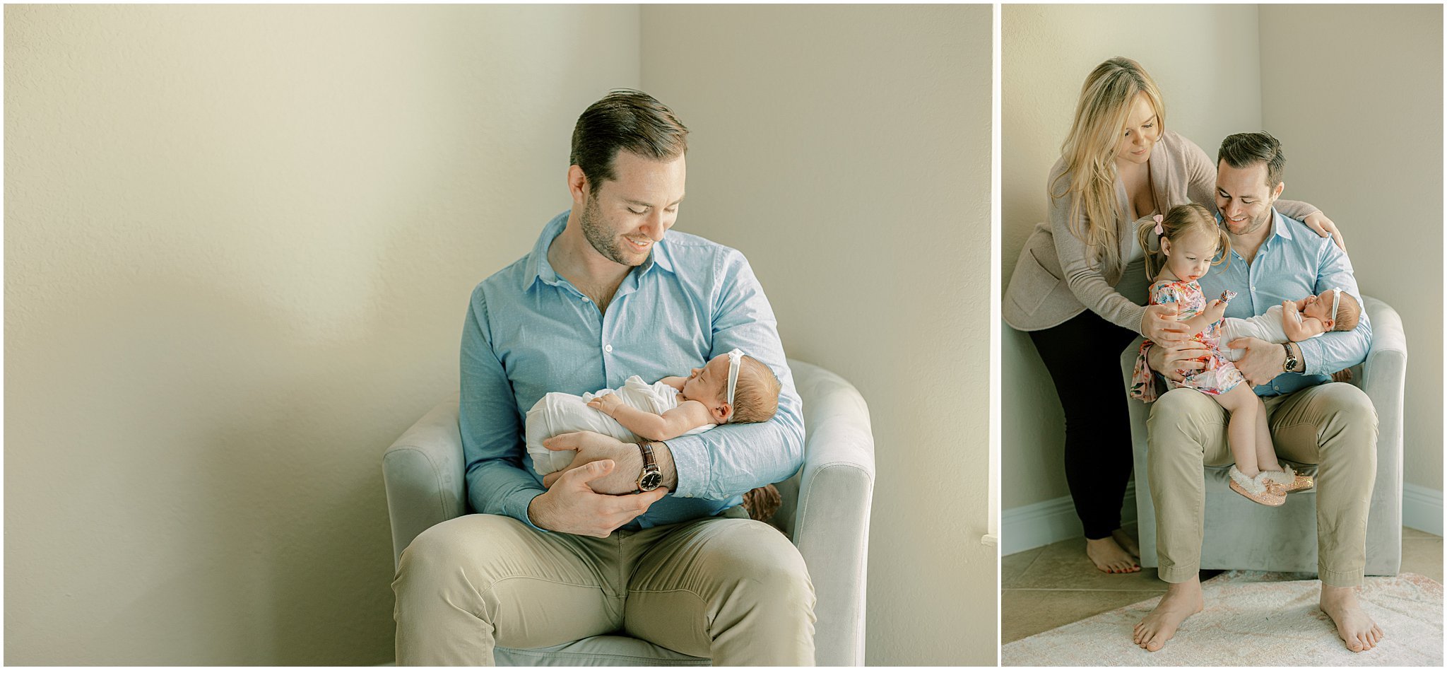 dad in chair holding newborn with family around